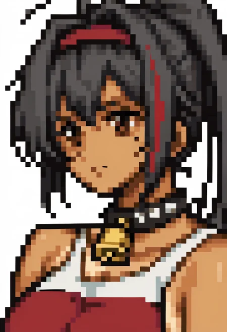 score_9, score_8_up, score_7_up, source_anime BREAK 1girl, solo,
<lora:zs_FE5PortraitsXL:1.1> fe5portraits, portrait, white background
 <lora:bay-nikke-richy-v1_pdxl:0.8> nikkebay, dark skin, brown eyes, black hair, ahoge, streaked hair, long hair, ponytail, hairband, hair intakes, red crop top, large breasts, spiked collar, neck bell, mole, tanlines, close up
