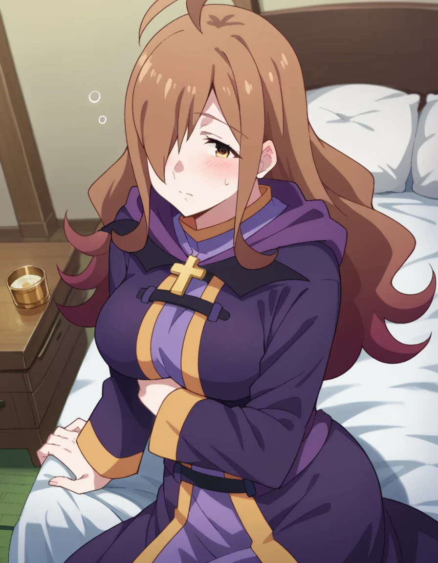 score_9, score_8_up, score_7_up, source_anime,
konosubawiz, <lora:konosuba-wiz-s1s2-ponyxl-lora-nochekaiser:1>,
wiz, ahoge, brown eyes, light brown hair, hair over one eye, long hair, mature female,
cross, dress, hood, hood down, jewelry, latin cross, long dress, long sleeves, purple dress, robe, purple robe,
indoors, bed, bed room, on side, blush, drunk,
looking at viewer, dutch angle, cowboy shot,