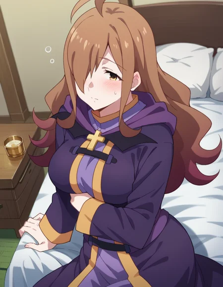 score_9, score_8_up, score_7_up, source_anime,
konosubawiz, <lora:konosuba-wiz-s1s2-ponyxl-lora-nochekaiser:1>,
wiz, ahoge, brown eyes, light brown hair, hair over one eye, long hair, mature female,
cross, dress, hood, hood down, jewelry, latin cross, long dress, long sleeves, purple dress, robe, purple robe,
indoors, bed, bed room, on side, blush, drunk,
looking at viewer, dutch angle, cowboy shot,