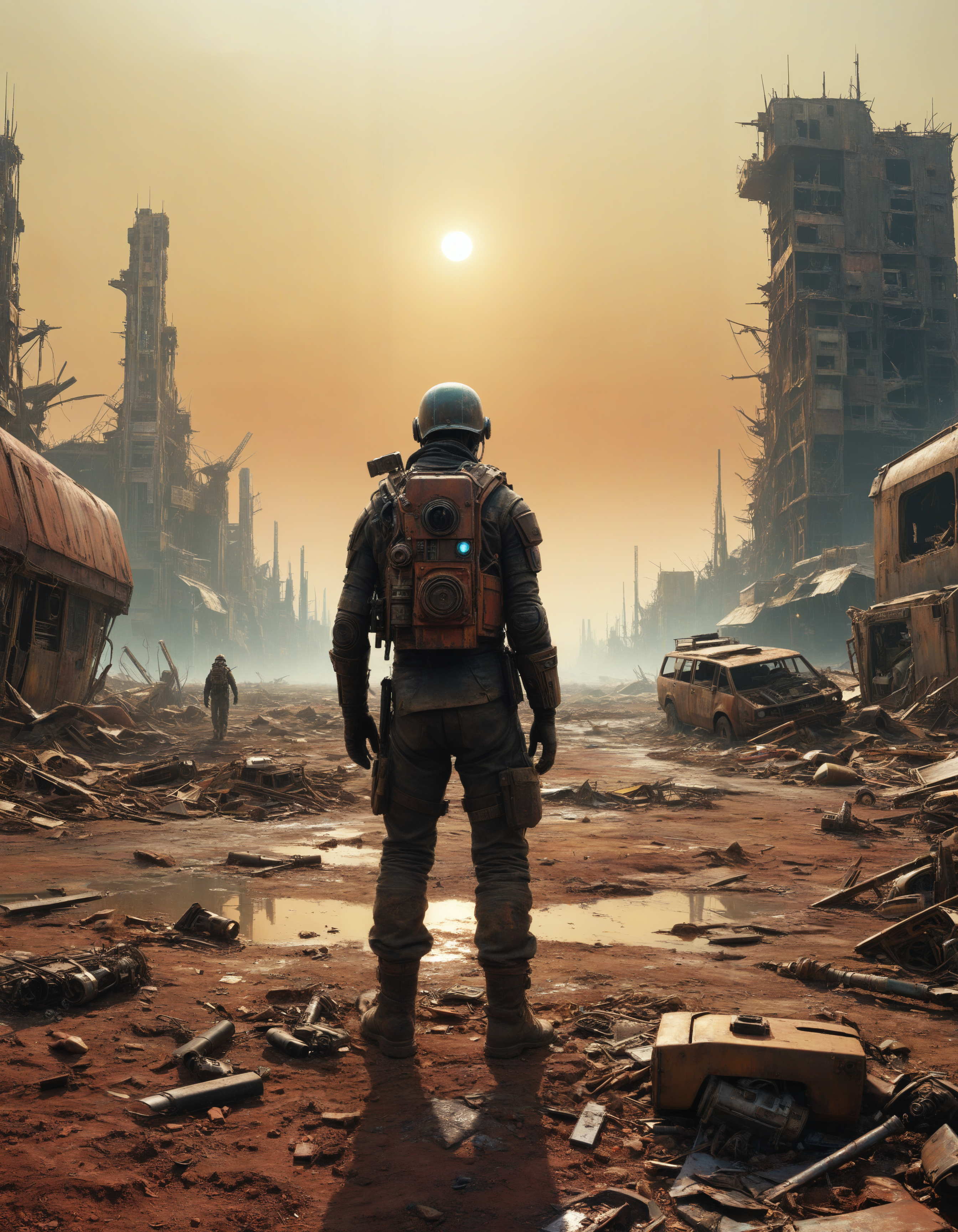 by Mikalojus Ciurlionis and Travis Louie, hyper realistic full view photo of  a (post-apocalyptic wasteland with remnants of advanced technology and survivors scavenging for resources:1.1),  (striking , mysterious , grotesque , massive , masterful:1.4), bold lines, hyper detailed, award winning, limited color palette, high contrast, depth of field, (intricate details, masterpiece, best quality:1.4)
dramatic cinematic lighting, film grain, looking at viewer, dynamic pose, wide angle panoramic view,
<lora:add-detail-xl:0.5> <lora:xl_more_art-full_v1:0.5> <lora:looking_at_viewer:2>