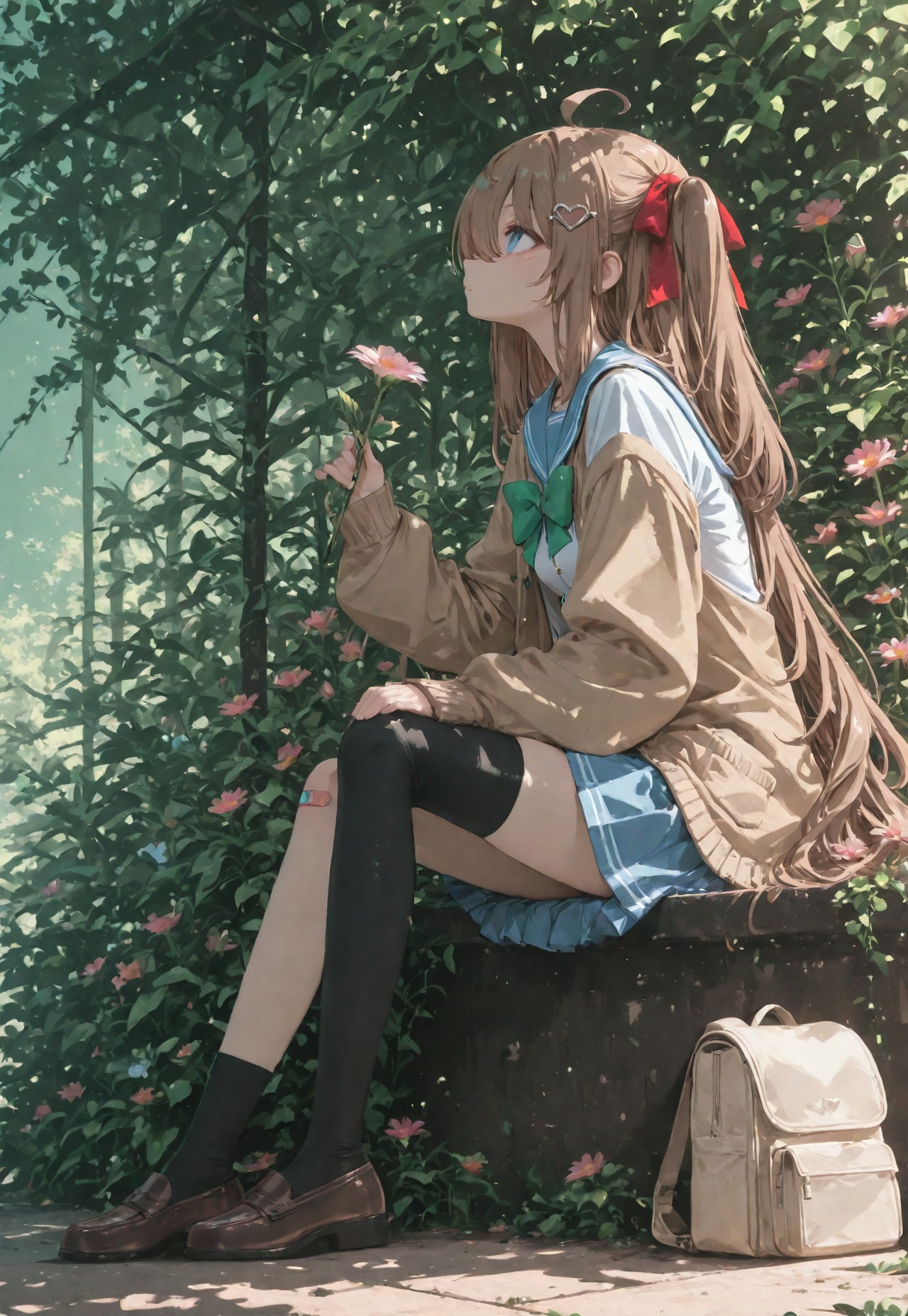 masterpiece, best quality, amazing quality, 1girl, solo, holding flower, sitting, Neuro-sama,ahoge,very long hair,long hair,brown hair,two side up,hair bow,red bow,hairclip,heart hair ornament,hair between eyes,bangs,blue eyes,school uniform,blue sailor collar,brown cardigan,open clothes,open cardigan,white shirt,green bow,puffy long sleeves,sleeves past wrists,small breasts,blue skirt,pleated skirt,bandaid on knee,single thighhigh,asymmetrical legwear,black thighhighs,single sock,loafers,brown footwear, full body, flower, from side, gradient background, profile, outdoors scenery, backpack, looking up, hand on own knee, beige bag, flower pattern background, sunlight, dappled sunlight,