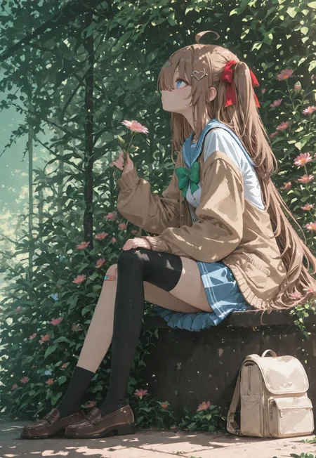 masterpiece, best quality, amazing quality, 1girl, solo, holding flower, sitting, Neuro-sama,ahoge,very long hair,long hair,brown hair,two side up,hair bow,red bow,hairclip,heart hair ornament,hair between eyes,bangs,blue eyes,school uniform,blue sailor collar,brown cardigan,open clothes,open cardigan,white shirt,green bow,puffy long sleeves,sleeves past wrists,small breasts,blue skirt,pleated skirt,bandaid on knee,single thighhigh,asymmetrical legwear,black thighhighs,single sock,loafers,brown footwear, full body, flower, from side, gradient background, profile, outdoors scenery, backpack, looking up, hand on own knee, beige bag, flower pattern background, sunlight, dappled sunlight,