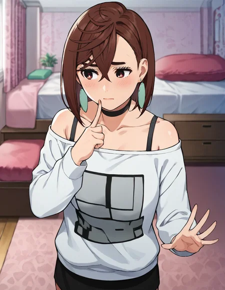 score_9, score_8_up, score_7_up, source_anime, BREAK
1girl, solo, finger to finger, embarrassed, looking away, from above, bedroom, blurry background, wariza, scenery, 
momo ayase, brown hair, short hair, hair between eyes, asymmetrical bangs, brown eyes, earrings, black choker,
casual outfit, collarbone, bra strap, off-shoulder shirt, bare shoulders, long sleeves, black skirt, black miniskirt, 
<lora:momo_ayase_anime_v3-soralz:1>