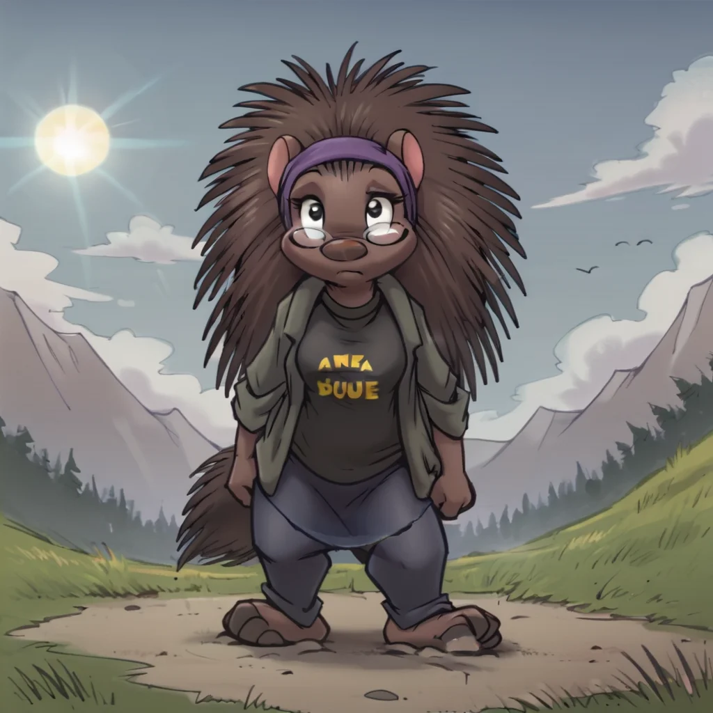 score_9, score_8_up, score_7_up, score_6_up, standing, solo, sky, sun, grass, day, full-length portrait, solo focus, digital drawing \(artwork\), front view, looking at viewer, <lora:Holly the Porcupine (EWS)_PDXL:1> hollyews