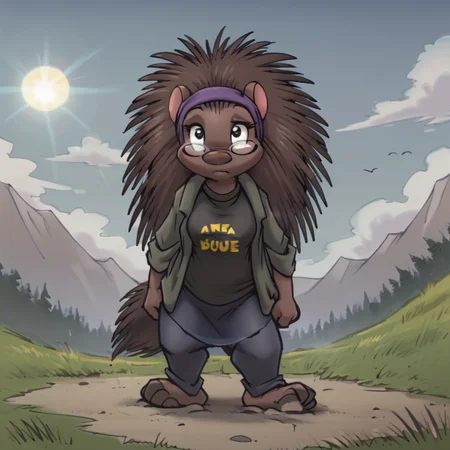 score_9, score_8_up, score_7_up, score_6_up, standing, solo, sky, sun, grass, day, full-length portrait, solo focus, digital drawing \(artwork\), front view, looking at viewer, <lora:Holly the Porcupine (EWS)_PDXL:1> hollyews
