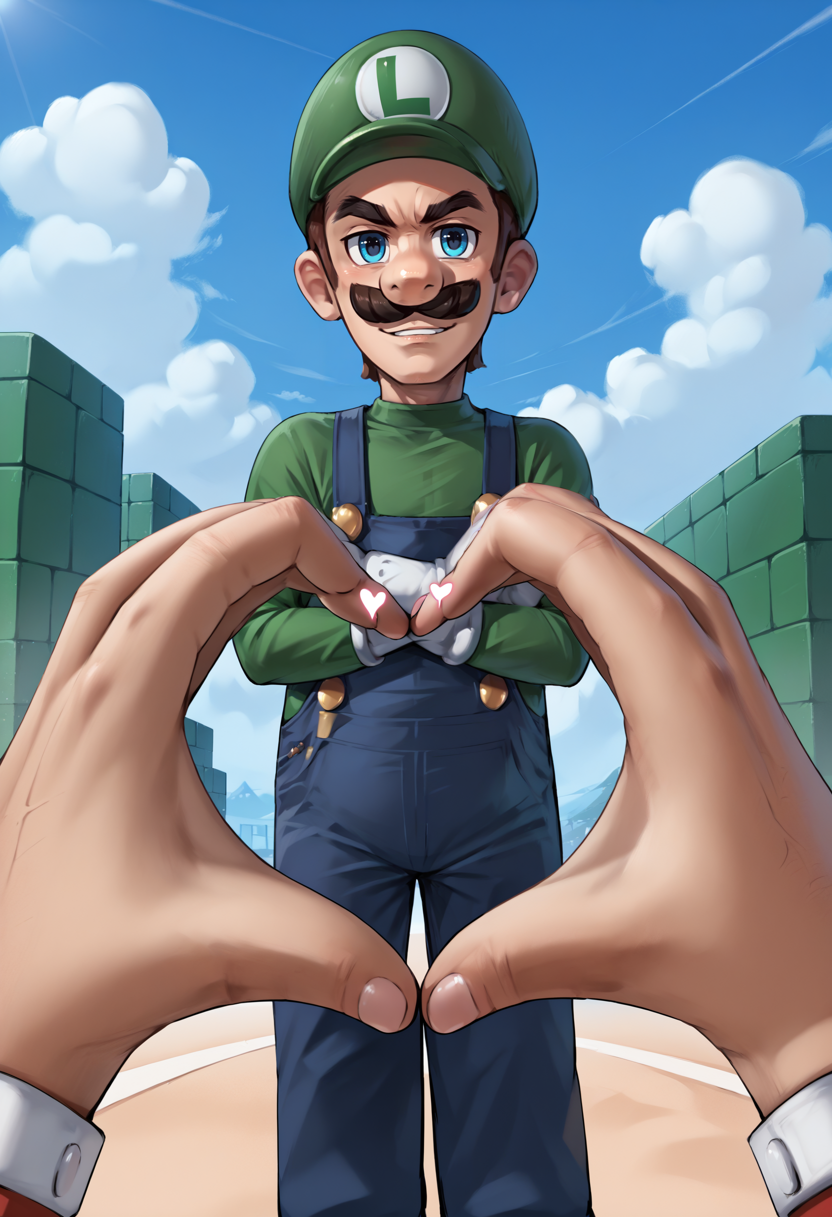 score_9, score_8_up, score_7_up, source_anime, 1boy, heart hands, pov, pov hands, <lora:POVHeartHands_XLPD:1>, outdoors, crossed arms, smirk, <lora:Luigi_XLPD:1> Incrsluigi, luigi, green headwear, blue overalls, white gloves, long sleeves