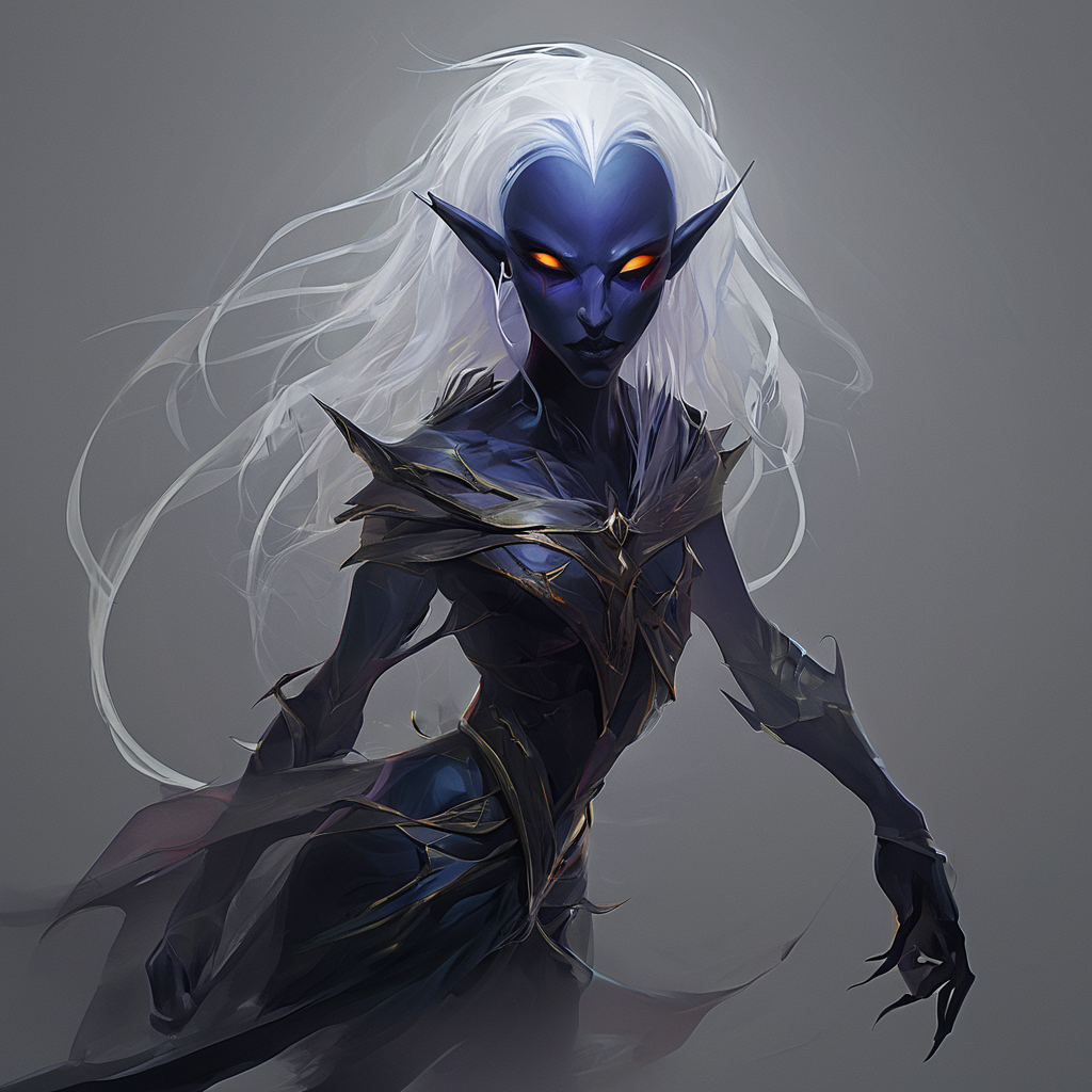 Drow are the Dark Elves of the Underworld - fearless killers who are known for both their spellcasting and fighting ability. Though more frail than humans,they are solid fighters with a great reputation of ruthlessness and precision. Those who cross a dark elf usually meet a swift demise. Drow are tallish elves with indigo skin and white hair,and usually have either red or golden eyes.,masterpiece,long exposure,layered elements,motion photography,stark contrasting color transitions,saturated colors,harmonious color story,illusionism,beautiful details,blackhole energy core,
<lora:artfullydrow__sdxl_v1:1>,