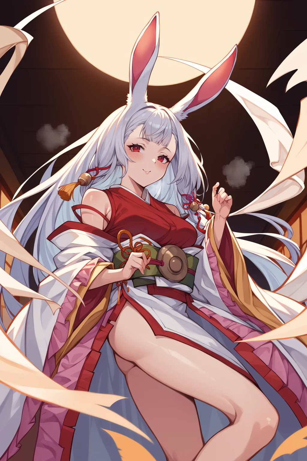 score_9, score_8_up, score_7_up, , rating_explicit,nsfw ,1girl ,red eyes, grey hair, very long hair, low-tied long hair, rabbit ears, braided sidelocks, hair tassel, hair ornaments, sleveless, red kimono, red clothes, tassels, shoulder strap, detached wide sleeves, frilled sleeves, see-through floating shawl, yellow sash, belt bow, navel cutout, long white skirt, overskirt, indoors, source_anime, <lora:KaguraPDCAMEq1v1.1 GBF-000008:1>, cowboy shot, abstract, spotlight, naughty face, alluring, shiny skin, in heat, steaming body ,
