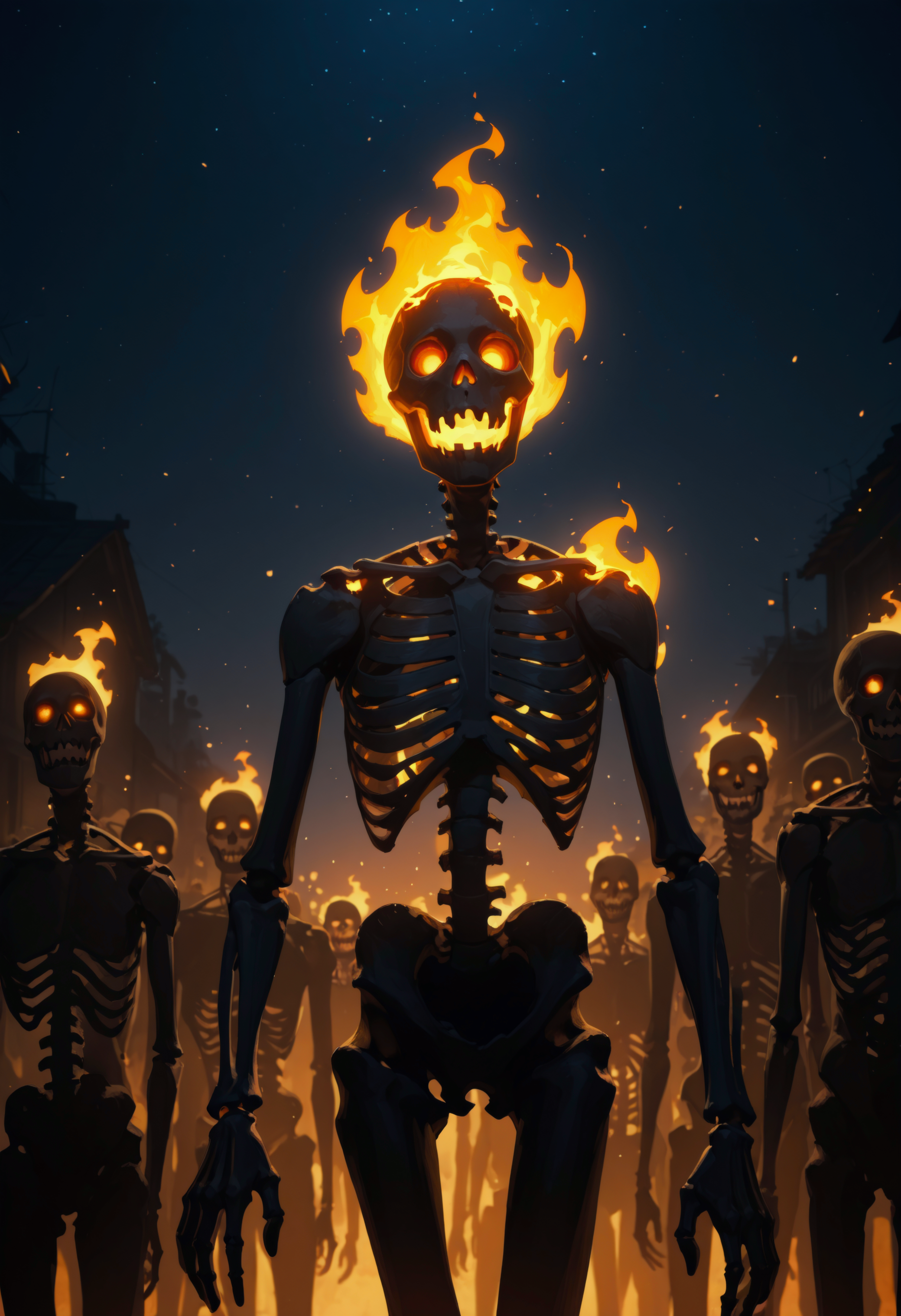 <lora:Infernal_12:1>, 6+others, skeleton, silhouette, flaming eyes, fiery hair, reaching towards viewer, night, very awa, masterpiece, best quality, highres, absurdres