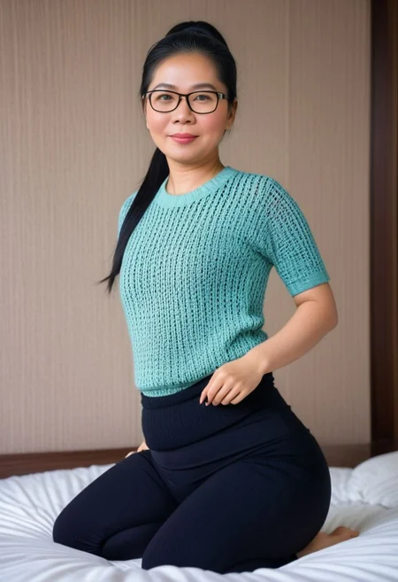 a 40 year old Indonesian woman wears glasses, with a height of 165cm, Has black hair(ponytail), real skin, Small breasts , a pot belly, Big waist, wide hips, big thighs, wearing knitted shirts, black tight pants, sitting on bed