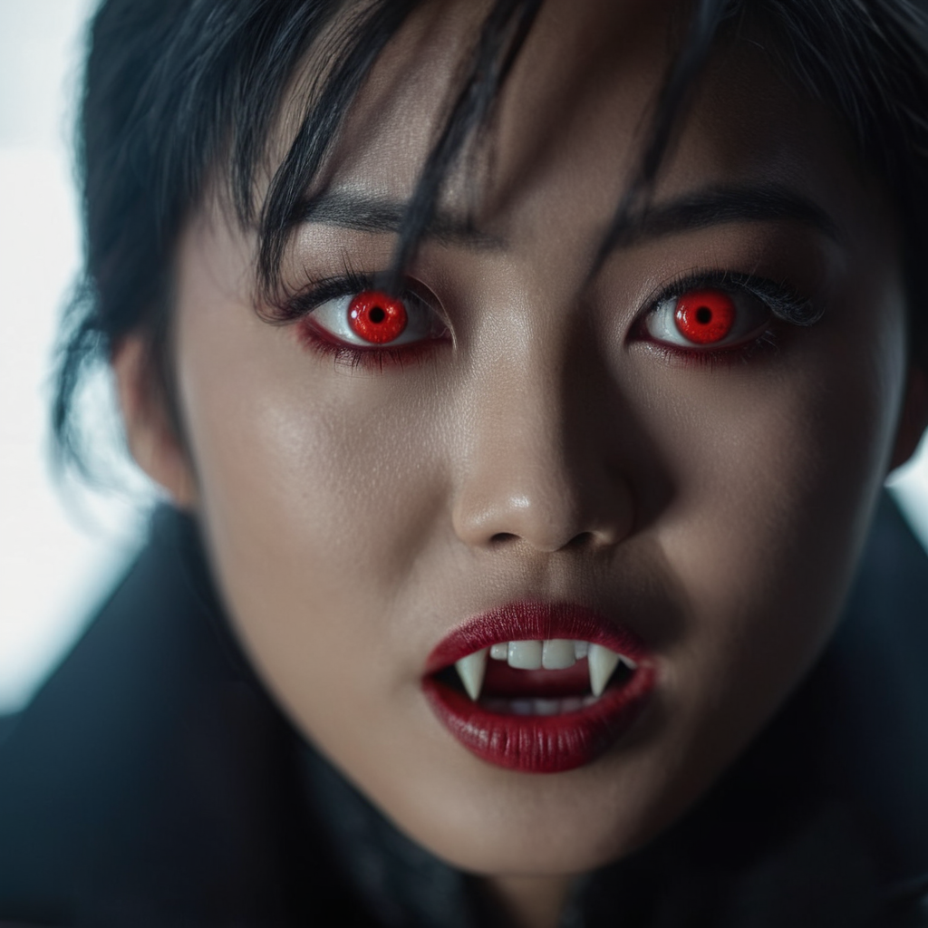 cinematic film still of  <lora:vampire style v2:1>
 <lora:celluloid film skintone color style:0.3>
Vampire Asian a woman with red eyes is staring at the camera,1girl,solo,looking at viewer,black hair,red eyes,1boy,male focus,signature,blurry,blurry background,portrait,realistic,covered mouth,cinematic,filmic,realistic,movie still,horror themed,vampire style , detailed, detailed background, detailed scene, detailed teeth, detailed fangs, shallow depth of field, vignette, highly detailed, high budget, bokeh, cinemascope, moody, epic, gorgeous, film grain, grainy