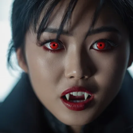 cinematic film still of <lora:vampire style v2:1>
<lora:celluloid film skintone color style:0.3>
Vampire Asian a woman with red eyes is staring at the camera,1girl,solo,looking at viewer,black hair,red eyes,1boy,male focus,signature,blurry,blurry background,portrait,realistic,covered mouth,cinematic,filmic,realistic,movie still,horror themed,vampire style , detailed, detailed background, detailed scene, detailed teeth, detailed fangs, shallow depth of field, vignette, highly detailed, high budget, bokeh, cinemascope, moody, epic, gorgeous, film grain, grainy
