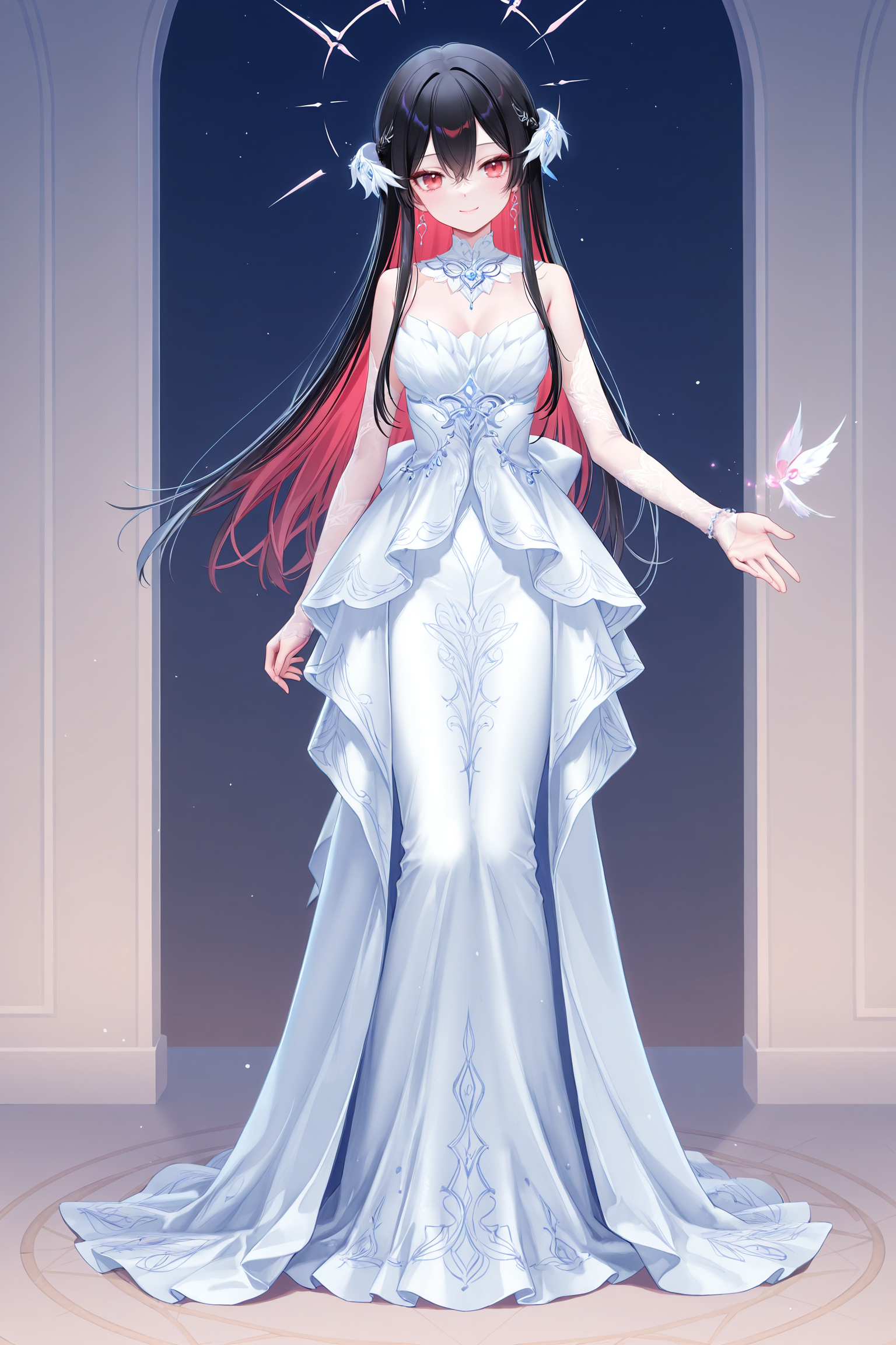 masterpiece,best quality,newest,absurdres,highres,soft shadows,year2024,(chen bin:0.7),(hiten \(hitenkei\):0.4),(rimuu:0.5),(mignon:0.5),(sheya:0.6),
<lora:ren(witch)XLNAI:1>,ren(def),1girl,long hair,black hair,multicolored hair,red eyes,hair between eyes,red hair,colored inner hair,smile,
<lora:nightowlXLNAI:1>,nightowl,white dress,long dress,jewelry,hair ornament,elboww gloves,
standing,full body,arm at side,outstretched hand,