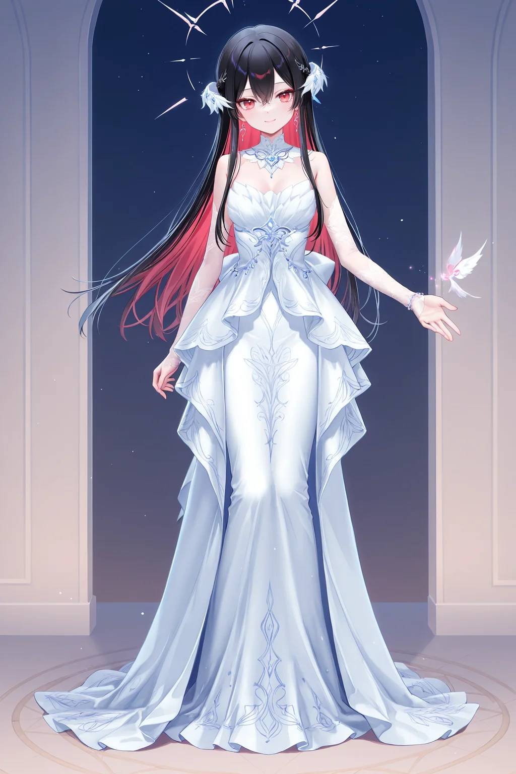 masterpiece,best quality,newest,absurdres,highres,soft shadows,year2024,(chen bin:0.7),(hiten \(hitenkei\):0.4),(rimuu:0.5),(mignon:0.5),(sheya:0.6),
<lora:ren(witch)XLNAI:1>,ren(def),1girl,long hair,black hair,multicolored hair,red eyes,hair between eyes,red hair,colored inner hair,smile,
<lora:nightowlXLNAI:1>,nightowl,white dress,long dress,jewelry,hair ornament,elboww gloves,
standing,full body,arm at side,outstretched hand,