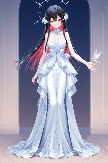 masterpiece,best quality,newest,absurdres,highres,soft shadows,year2024,(chen bin:0.7),(hiten \(hitenkei\):0.4),(rimuu:0.5),(mignon:0.5),(sheya:0.6),
<lora:ren(witch)XLNAI:1>,ren(def),1girl,long hair,black hair,multicolored hair,red eyes,hair between eyes,red hair,colored inner hair,smile,
<lora:nightowlXLNAI:1>,nightowl,white dress,long dress,jewelry,hair ornament,elboww gloves,
standing,full body,arm at side,outstretched hand,