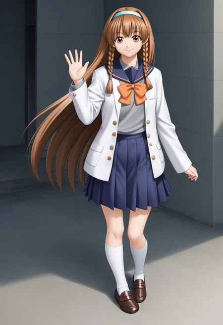 1girl,solo,masterpiece,best quality,good quality,newest,
outdoors,
smile,closed mouth, looking at viewer,
solo,
2000s (style),
karyuin_tomoe (kaen seibo: the virgin on megiddo),1girl,brown hair,hairband,braids sidelocks,long hair,brown eyes,very long hair,
blue sailor color,gray shirt,collared_shirt,orange bowtie,white jacket,long_sleeves,
blue skirt,pleated_skirt,miniskirt,
kneehighs,white socks,loafers,
full body,standing,waving
