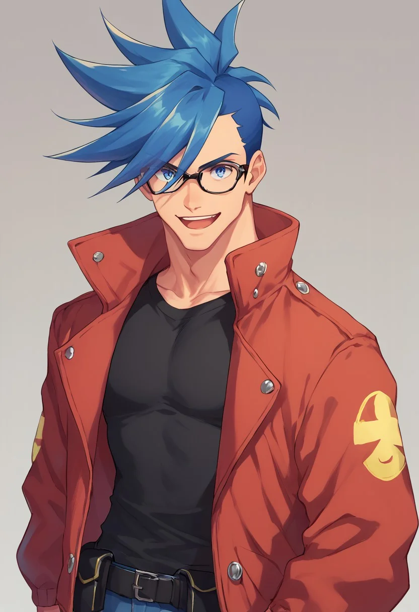score_9, score_8_up, score_7_up, source_anime, highly detailed,
galo, male focus, 1boy, blue hair, spiked hair, jacket, red jacket, solo, glasses, blue eyes, open mouth, shirt, belt, smile, black shirt,
indoor,