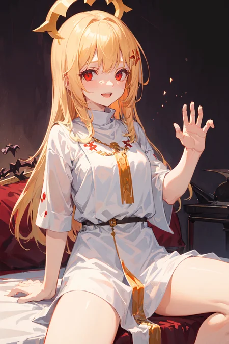 young priestess sitting on bed, (haughty face:1.4), evil face, (smile:0.8),(dark ritual:1.6), spread legs open widely, blonde hair, red eyes