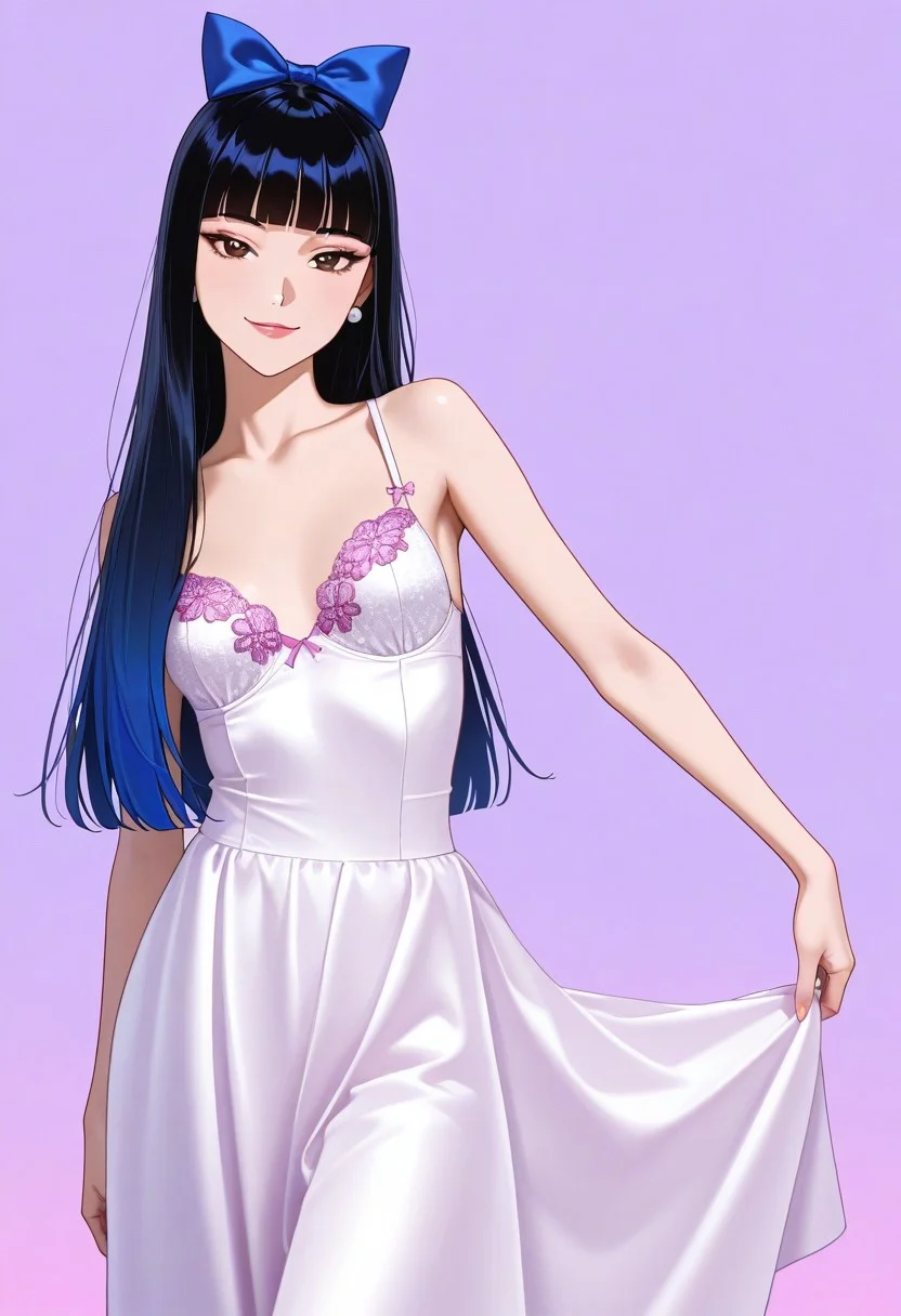 1 girl solo, StacyH, black hair, blue hair bow, long hair, blunt bangs, brown eyes, white dress, satin dress, lace, 1girl,orchid bra, pearls, one arm extended forward,, striding pose, fierce elegance, vibrant colors, neon aesthetic, 90s miami aesthetic, little smile, looking at the viewer, flirty, elegant, high-end fashion, seductive pose, high quality, masterpiece, highly detailed, intricate details, ultra-detailed, photorealistic, anime style,