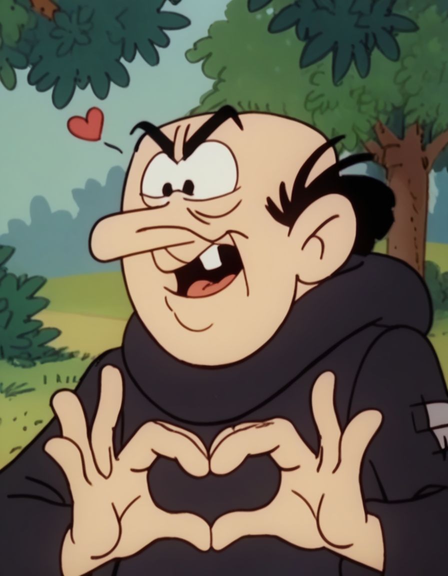 score_9, score_8_up, score_7_up, source_cartoon, masterpiece, best quality, cartoon,  <lora:Gargamel0:1>, Gargamel0, black hair, 1boy, solo, male focus, outdoors, forest, upper body, buck teeth, heart hands,