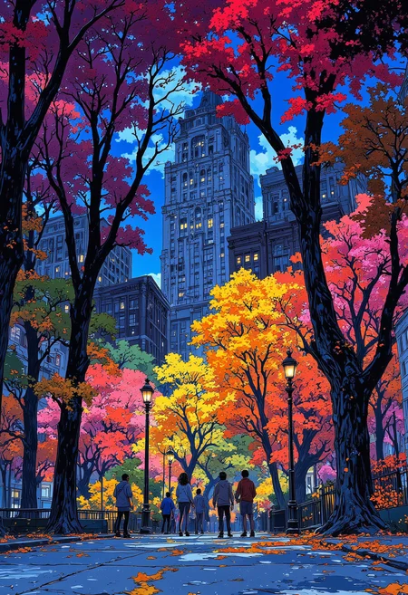 A bunch of people walking in a city park, Brooklyn, Colorful, Vibrant Glow