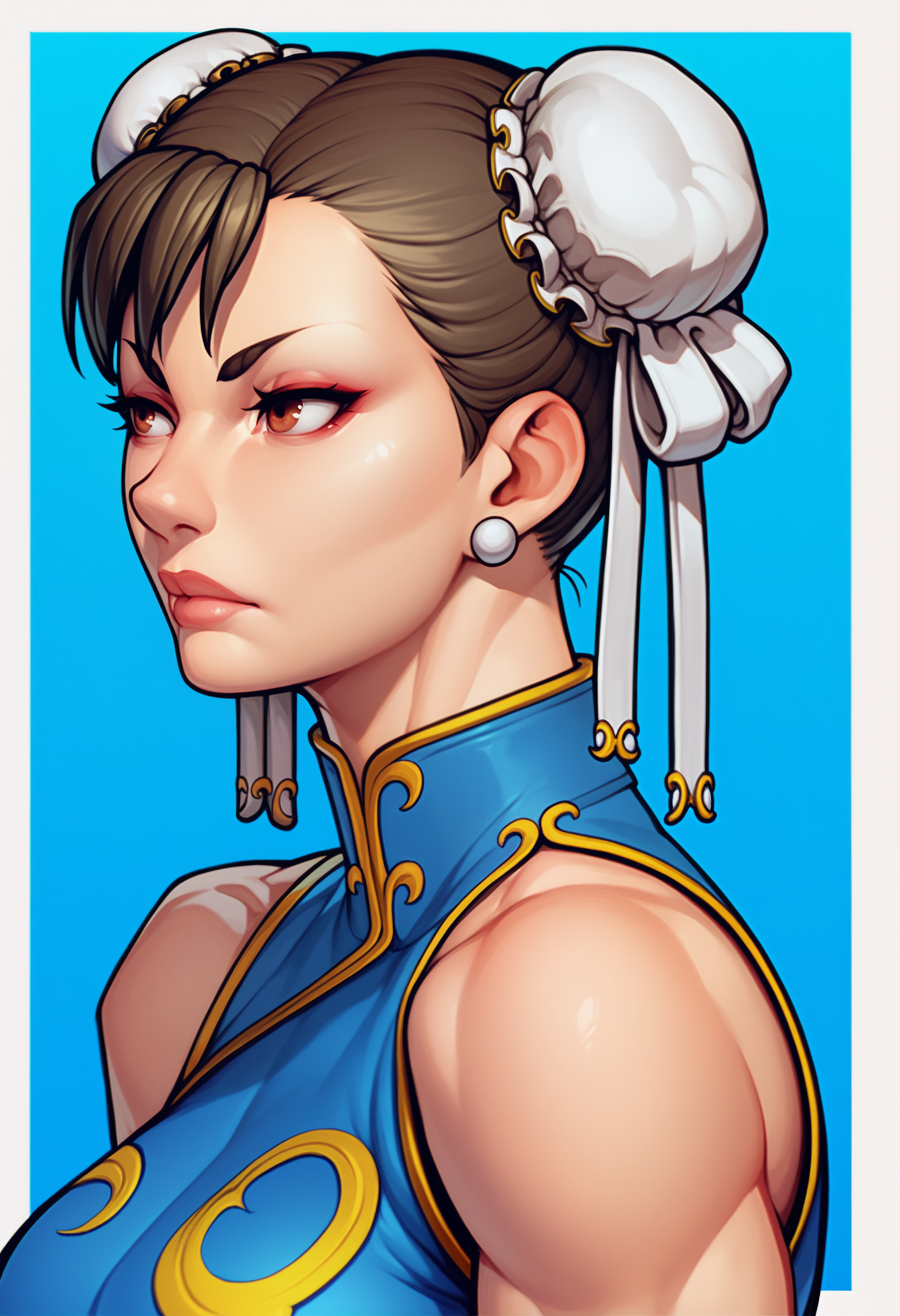 score_9, score_7_up <lora:warlockandboobs-guy-PONY-DORAv2:1>, 1girl, solo, (chun-li):0.8, portrait, large breasts, blue background, border