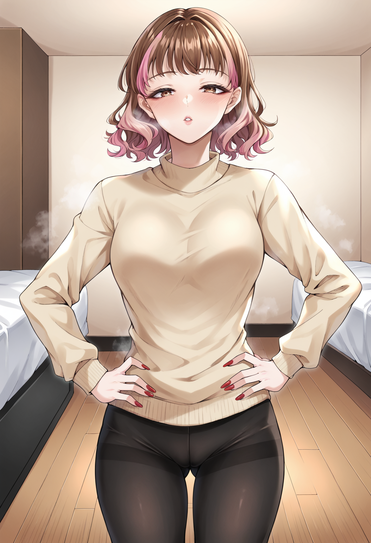 <lora:Blitzkrieg_Denchi_Assorted_Doujin_Artstyle_Blend_PonyXL:1>
score_7_up, uncensored BREAK
1girl, solo, beige sweater, yoga pants, looking at viewer, bedroom, standing, hand on own hip, gesugao, parted lips, brown eyes, hair flip, 
pale skin,
steam, smell, long nails, red nail polish, <lora:sotohane_hairXL:0.5>  Straight Flipped Hair, brown hair, pink highlights,