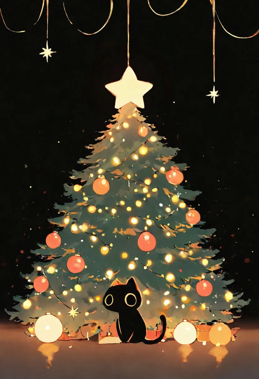 1cat, (cat:1.2), black cat, (no humans:1.1), (cute:1.2), solo, happy, playing, big eyes, playing with decoration ,looking at tree, looking away, christmas tree, christmas decoration, side view, sitting,  paw up, christmas lights,
very awa, masterpiece, highres, absurdres solo, score_9, score_8_up, score_7_up,  cute, chibi, kawaii, 2d color, simple color,  simple shading, flat color, chibi