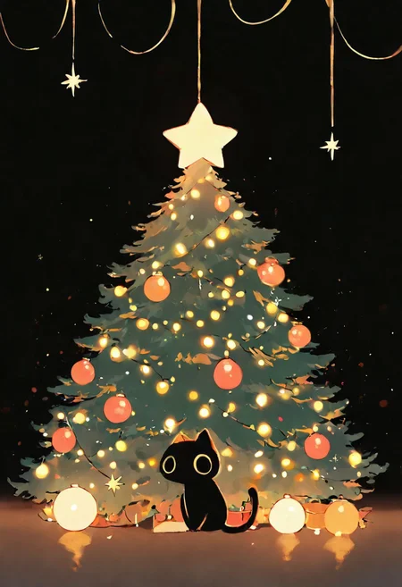 1cat, (cat:1.2), black cat, (no humans:1.1), (cute:1.2), solo, happy, playing, big eyes, playing with decoration ,looking at tree, looking away, christmas tree, christmas decoration, side view, sitting,  paw up, christmas lights,
very awa, masterpiece, highres, absurdres solo, score_9, score_8_up, score_7_up,  cute, chibi, kawaii, 2d color, simple color,  simple shading, flat color, chibi
