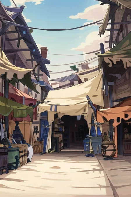 a scene of shop keeper's tent with swords and trinkets and jewelry in barrels, village marketplace in the background