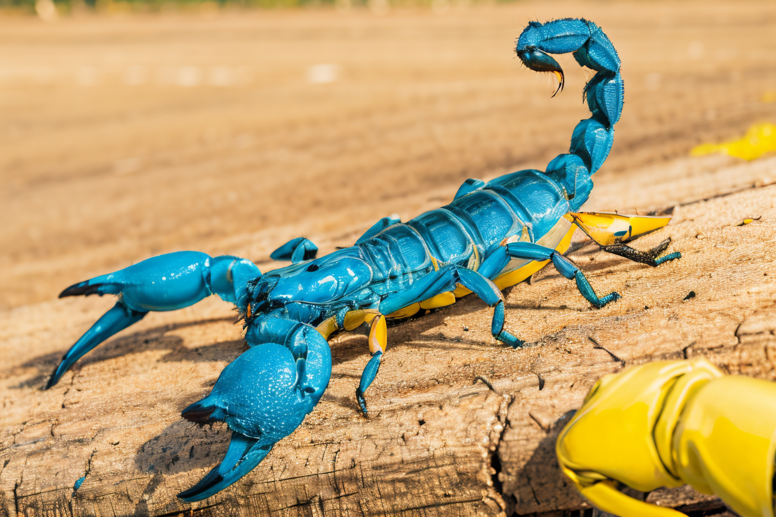 (Realistic:1.5) EdobScorpion, depth of field, day, dinosaur, solo, flying, 1boy, yellow theme, 1other, blue theme, non-humanoid robot, <lora:EdobScorpionPhotoReal_v1.0:0.8>