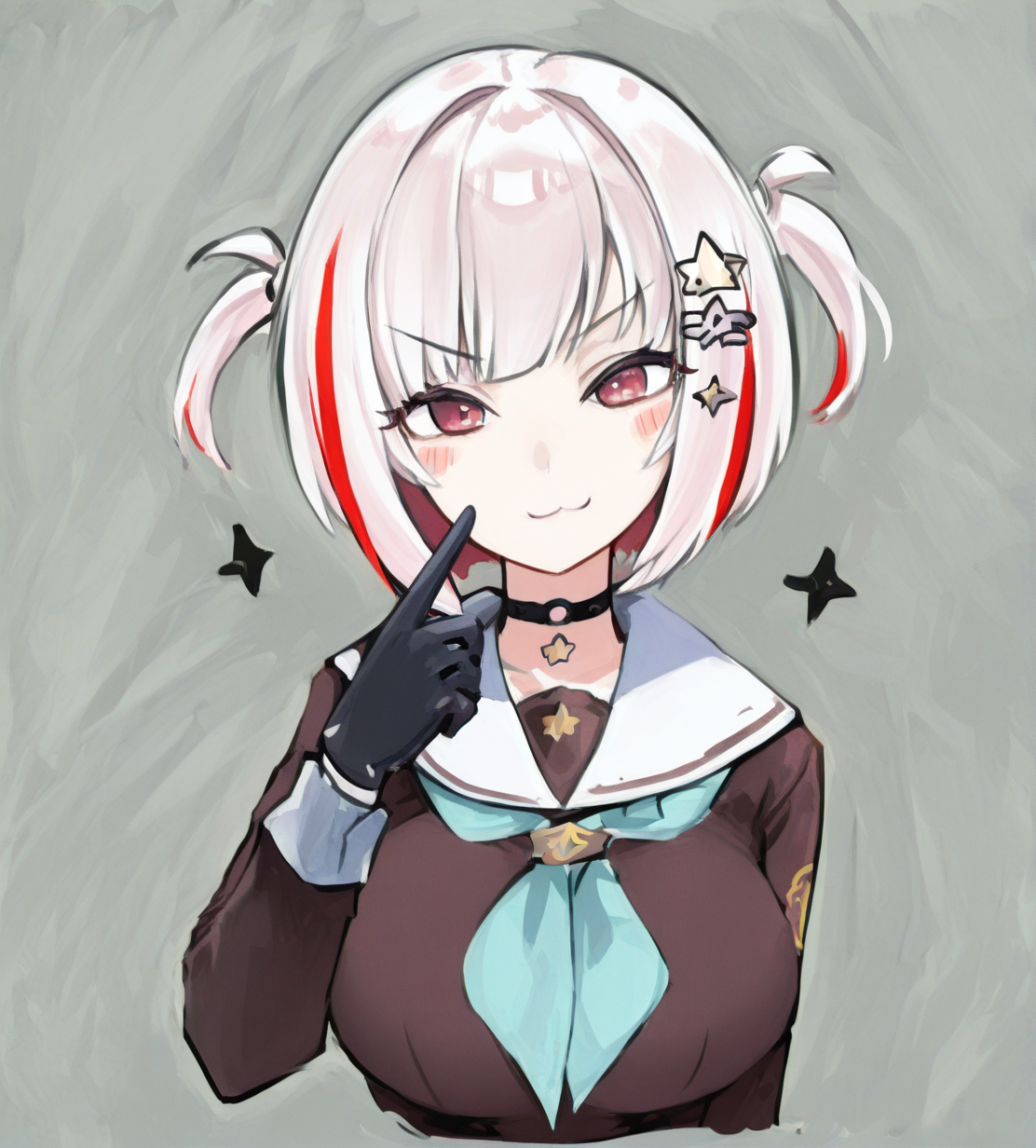 1girl, yugiri tsuzuri, wild hips, huge breasts, :3, alternate hairstyle, aqua neckerchief, arm at side, black choker, black gloves, blush stickers, bob cut, brown dress, choker, colored inner hair, cropped torso, dress, finger to face, gloves, hair ornament, hasu no sora school uniform, inverted bob, leaning to the side, long sleeves, looking at viewer, multicolored hair, neckerchief, o-ring, o-ring choker, partially colored, red eyes, red hair, sailor collar, sailor dress, school uniform, short hair, sketch, solo, star (symbol), star hair ornament, straight-on, streaked hair, two side up, upper body, v-shaped eyebrows, white hair, white sailor collar, winter uniform, 
intricate details,detailed background,  <lora:anatomy_helper:1> <lora:noobaiXLNAIXL_epsilonPred11Version-lora:0.1> <lora:gabang:1.3>
