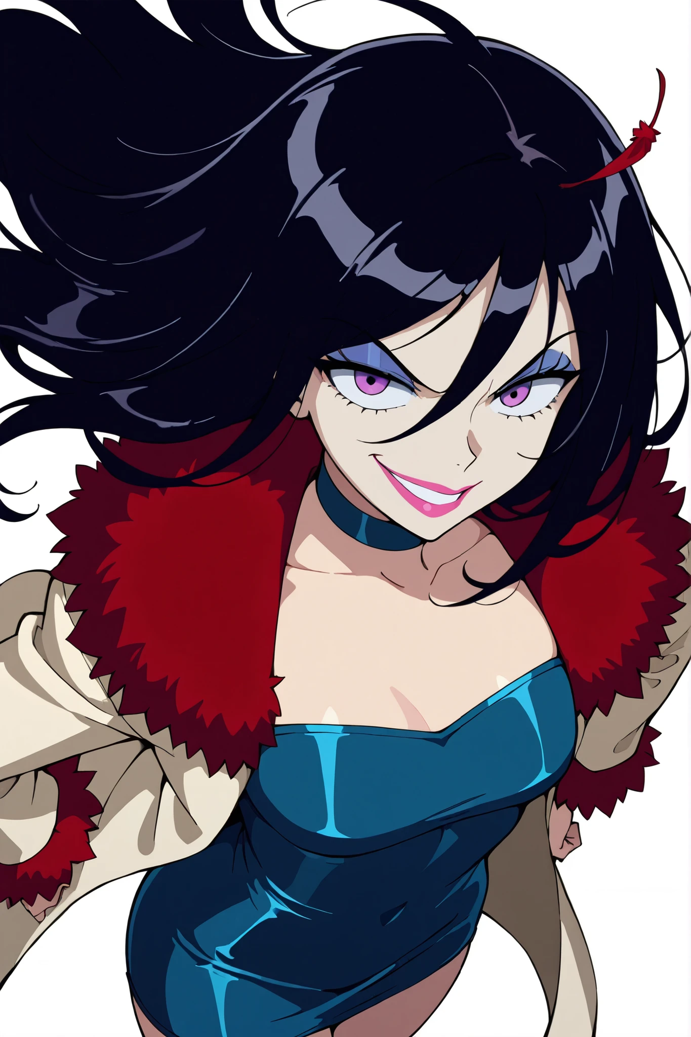 masterpiece, best quality, amazing quality, 1girl, solo, BREAK
vanityts, long hair, black hair, purple eyes, makeup,coat, red feather, blue dress,choker,lipstick, 
BREAK ,simple white background, looking at viewer,cowboy shot, from up view, evil smile