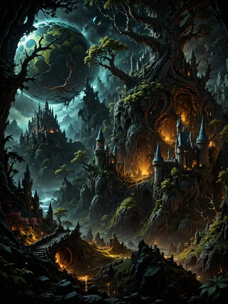 Create landscapes that could be the setting of a fantasy book, featuring mythical creatures and monsters, ancient castles or enchanted forests. detailed image, 8k high quality detailed, shaped sphere, amazing wallpaper, digital painting highly detailed, 8k UHD detailed oil painting, mythical nightscapes, fantasy art, cover art, <lora:zavy-cntrst-sdxl:0.8> dark, chiaroscuro, low-key <lora:sss:0.8> <lora:add-detail-xl:0.8> <lora:EdobHorrorLandscape_XL_v1.0:0.8> EdobHorrorLandscape