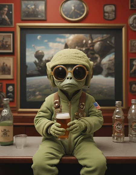 cinematic photo baby yoda drinking beer on the ISS, 35mm photograph, film, bokeh, professional, highly detailed, 4k, uhd, masterpiece