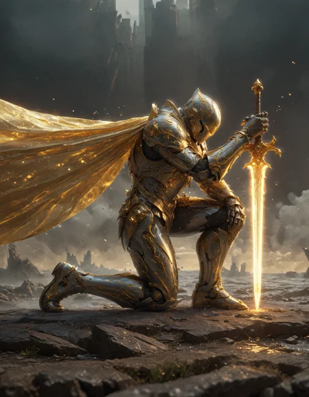 cinematic photo, profile, side image, kneeling down defeated, futuristic male knight in armor, with a sleek and elegant design, incorporating elements of gold and white, the armor should have intricate details, putting his hand on the big giant sword hilt, the sword in vertically positioned and planted, glowing elements, advanced technology, long nanotech translucent cape, The background should be deserted and destroyed battlefield, otherworldly, celestial theme, vivid colors, aesthetic, shallow depth of field, vignette, highly detailed, bokeh, moody, epic, gorgeous, film grain, grainy, <lora:detailed_notrigger:1>, <lora:sss:0.6>, <lora:glowneon_xl_v1:0.4>, <lora:zavy-cntrst-sdxl:0.7>, <lora:sdxl_lightning_8step_lora:1>, <lora:volumetric lighting:0.5>