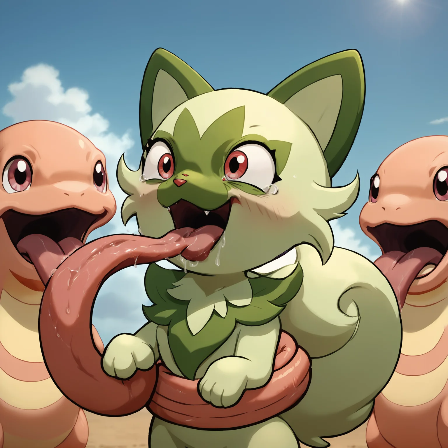 score_9, score_8_up, score_7_up, score_6_up, score_5_up, score_4_up, Lickitung wrapping their tongue around sprigatito, pokemon, pokemon_(creature), berobero, tongacle, nudity, 1girl, licking, restrained, show accurate, scared, ancient, photo background, saliva, saliva trail, wide shot, <lora:epoch-000012:1>,