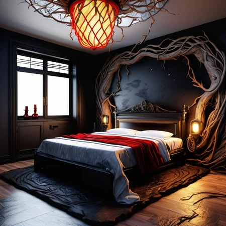 ((best quality)), ((masterpiece)), ((realistic,digital art)), (hyper detailed),DonMD3m0nV31nsXL,veins, Guest Room, Bedsheets,Mirrors,Washing Machine,Fan, Andesite stone, Fireplace, Rope Lights, <lora:DonMD3m0nV31nsXL_v1.1-000009:0.85>