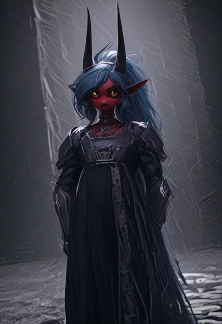 (score_9, score_8_up, score_7_up), PRSNL_3_1, HCSV1, illustration, ((cartoon)), hand drawn, ((masterpiece)), (furry art, uploaded on e621, 4k, fine details, (subtle soft details), (female), ((imp)), gloves, demon girl, (red skin mottled with white spots), imp tail, black pupils, black sclera, ((black ram horns)), short stature, 1girl, (((very long light teal hair tied into a ponytail:1.4))), dark teal highlights, ((purple slave collar)), black puffy lips, black eyeliner, ((detailed orange eyes)), ((dynamic pose)), plump, cute, beautiful, ((black sclera:1.4)), orange iris, Detailed hand, medium breasts, cleavage, curvy, pink fingerless gloves, large iris, hooves, fur on ankles around hooves, medium bulge, solo, Helldivers, in a futuristic, armored suit. The armor is predominantly dark gray with pink accents at the shoulder plates, knee pads, and boot heels, It's a sleek design with segmented plates suggesting both flexibility and protection, (cyberpunk city outskirts, cable, standing, scales, road, outcasts, black background, walking, car, horizon, decay, dystopian, cinematic lighting, vivid colors, futuristic chestplate, loincloth, covered navel, /(((holding a rifle with both hands, m41apls)))