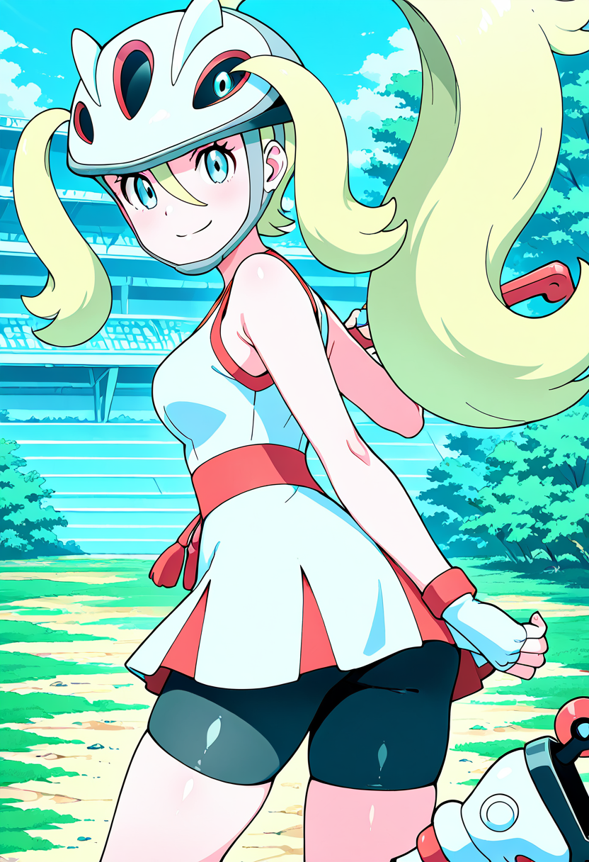 masterpiece, best quality, 1girl, solo, eyelashes, (beautiful eyes), shiny skin, looking at viewer, smile, zzKorrina, blue eyes, hair between eyes, blonde hair, long hair, ponytail, hair between eyes, two side up, white gloves, fingerless gloves, white dress, bare arms, sleeveless dress, black shorts, short dress, helmet, grass, high ponytail, bike shorts, roller skates, shorts under dress,   <lora:KorrinaPokemon_IXL_v1:1.0>, over the shoulder, cowboy shot, smirk, looking back,  looking at viewer,