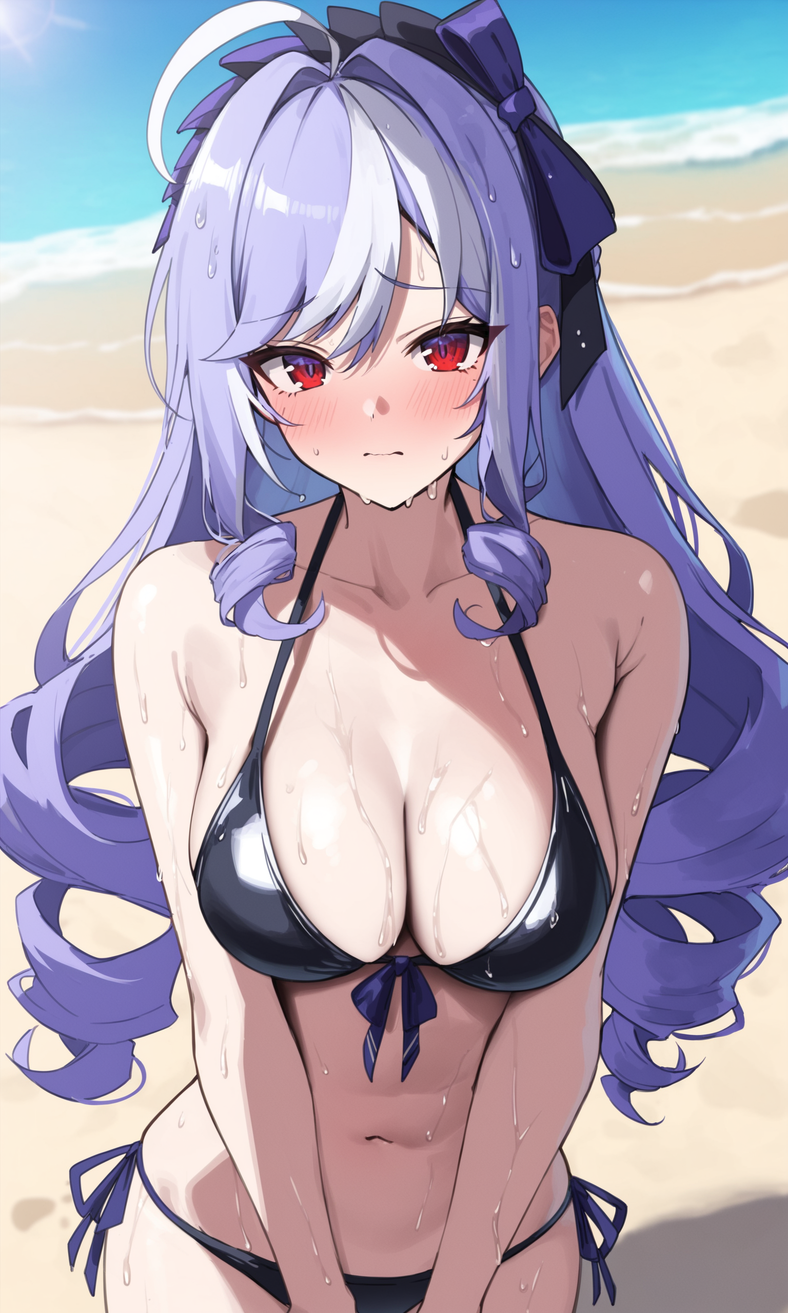 1girl, vivianzen, red_eyes, purple_hair, streaked_hair, long_hair, twin_drills, ahoge, medium_breasts, beach, in_water, wet, black_bikini, looking_at_viewer, embarrassed, sky,