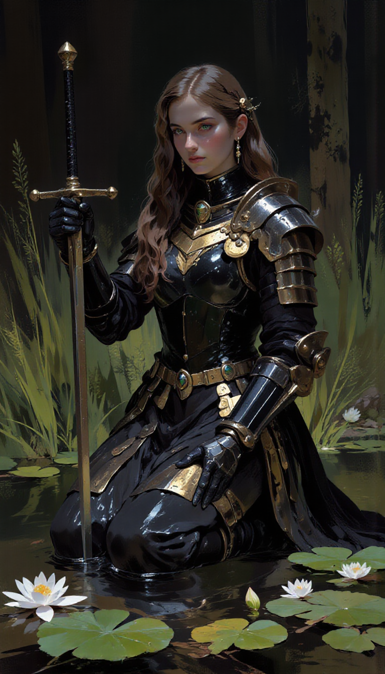 pscho_4rt,mythp0rt,very wide angle, put subject further away, small subject, A painting of a young woman in ornate armor kneeling in a serene pond, holding a sword, surrounded by lily pads and tall grass. the woman, who appears to be in her early twenties, has long, dark brown hair and is kneeling in the middle of the image, her eyes closed in a contemplative expression. she is wearing a black, ornate knight's armor, consisting of breastplate, gauntlets, and pauldrons, and is holding a large sword in her right hand. the background is a dark, misty forest with tall, green grasses and lilies floating on the water's surface, creating a moody atmosphere. the lighting is soft and diffused, casting gentle shadows on the woman's face and body. the overall mood is peaceful and serene, with a sense of calmness and tranquility.  1girl, solo, long hair, black hair, holding, closed eyes, weapon, kneeling, sword, holding weapon, armor, water, holding sword, wet, lips, wet clothes, knight, shoulder armor, lily pad  camera_angle: from side, art_style: digital painting, location: pond, background: tall grasses, water lilies in the foreground, text: NA, distance_to_camera: upper body, clothing: ornate armored armor, image_composition: middle, pants: none, accessory: sword, shoes: kneeling, action: kneeling in water, facing_direction: facing viewer, eye_direction : NA, facial_expression: calm, ear: NA;NA, gender: 1woman, hair_color: dark hair;black hair, hair style: long hair;long hair, race: light skin, body: slim