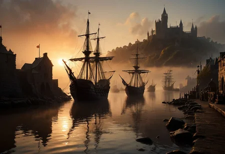 The overall tone is surreal, as if the viewer has stumbled upon this scene by chance, caught between the worlds of reality and fantasy. The level of detail is astonishing, from the intricate patterns on the ships' sails to the weathered wood of the quayside. The image has an otherworldly quality, as if it were painted by a master of the surrealist movement. low angel,
<lora:add-detail-xl:0.9> dvr-lnds-sdxl <lora:MJ52:0.5> <lora:zavy-cntrst-sdxl:0.4> <lora:zavy-rmlght-sdxl:0.4> <lora:fog_creatures_v4:0.5>