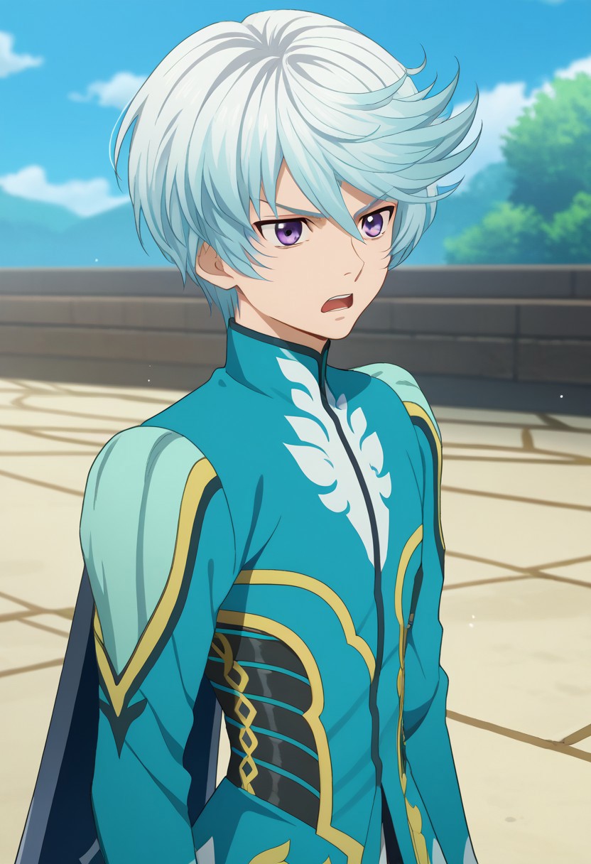 score_9, score_7_up, source_anime
mikleo, 1boy, male focus, solo, purple eyes, blue hair, short hair, swept bangs, jacket, blue jacket, long sleeves, cape, blue cape, annoyed, open mouth,
outdoor,