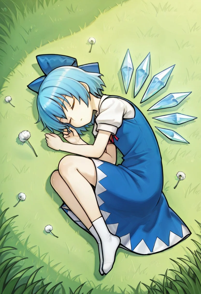 best quality, hires, from above,
1girl, cirno, lying, sleeping, fetal position,
grass, flower, dandelion,