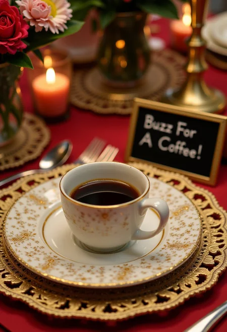A single coffee on a dinner plate on a table, with a sign next to it saying text ''Buzz For A Coffee!'' cinematic shot, flowers on table, ornate decorations,
