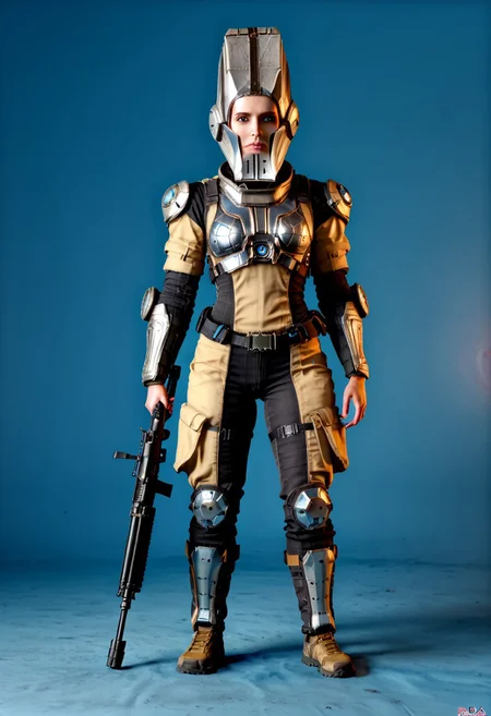 badass Corpus, corpus crewman, Tan and black corpus suit, corpus tileset, 1boy, wearing cirpus crewman outfit, wearing corpus crewman helmet, helmet covering face, face fully covered, holding gun, holding dera rifle, Dera, corpus gun, gun, dera rifle, dera gun,
(Corpus helmet, wearing helmet, wearing corpus helmet), , (dark shot:1.17), ((epic)) realistic, faded, , art, (hdr:1.5), (muted colors:1.2), hyperdetailed, (artstation:1.5), cinematic, warm lights, dramatic light, (intricate details:1.1), complex background, (rutkowski:0.8),((full body:1.9)), by Blizzard entertainment, big armor, l, wearing corpus helmet, low light, facing camera, lot of details, detailed armor, half side portrait, on corpus tileset, (night time),