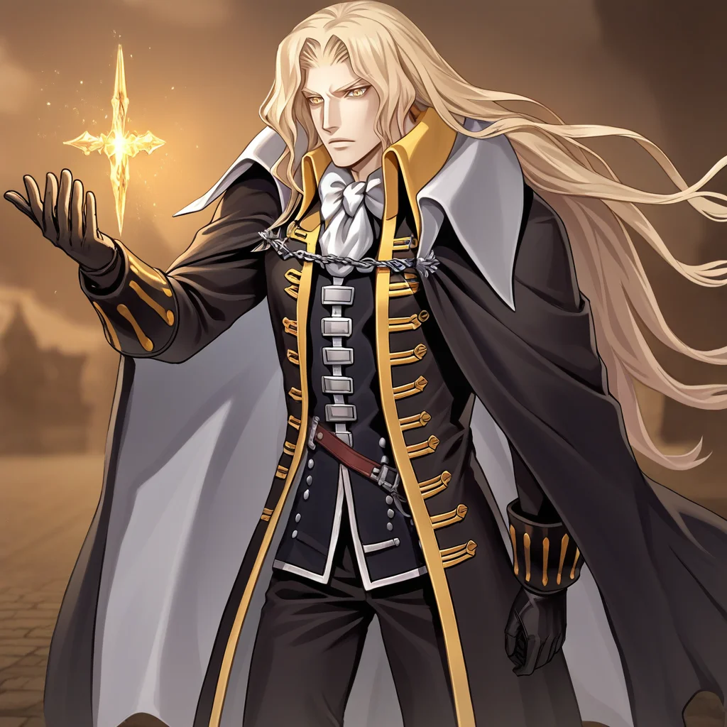 score_9, score_8_up, score_7_up, score_6_up, score_5_up, score_4_up, zPDXL2,source_anime,rating_questionable, 1boy, <lora:Alucard_-_Castlevania:1> alucard_castlevania, long hair, cape, ascot, yellow eyes, black gloves, black pants, coat