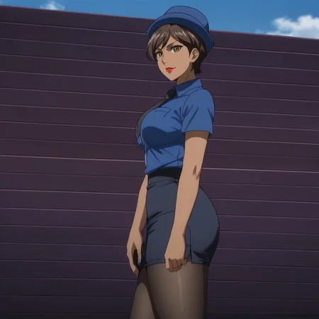 <lora:catwomanhunted_pony_v1:.75>SelinaKyleHuntedTowel, 1girl, solo, short hair, dark skin, dark-skinned female, large breasts, brown hair, lipstick, brown eyes,  makeup,  cowboy shot <lora:0820 tokisaki kurumi policewoman fan costume_v1_pony:1> ruanyi0820,black necktie,blue hat,blue shirt,blue skirt,black pantyhose,short sleeves,pencil skirt