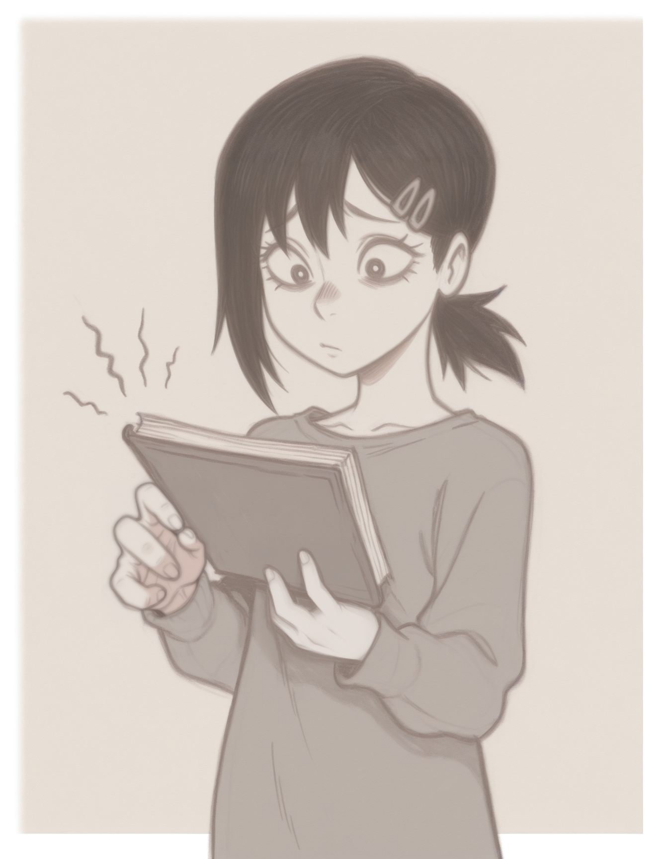 masterpiece, best quality, simple background, white border, 1girl, solo, <lora:anatomy_helper:0.8>
<lora:BranSant:0.9> bransant, traditional media, graphite \(medium\), limited palette, 
holding book open, one hand holding, one hand turning page, looking at book, eye visible, detailed hands, medium shot, focused expression, higashiyama kobeni, chainsaw man